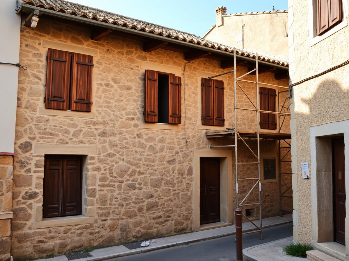 Casa de pedra en rehabilitació en un carrer d'un poble rural